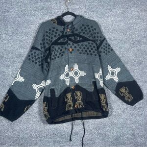 Vintage RUMINAHUI Men’s Large‎ Blue Aztec Wool Button Hooded Cardigan Sweater